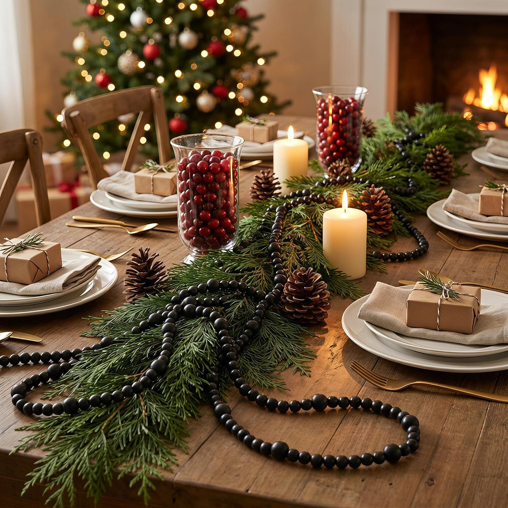 48Ft Christmas Wood Bead Garland Rustic Holiday Decor for Tree (Black)