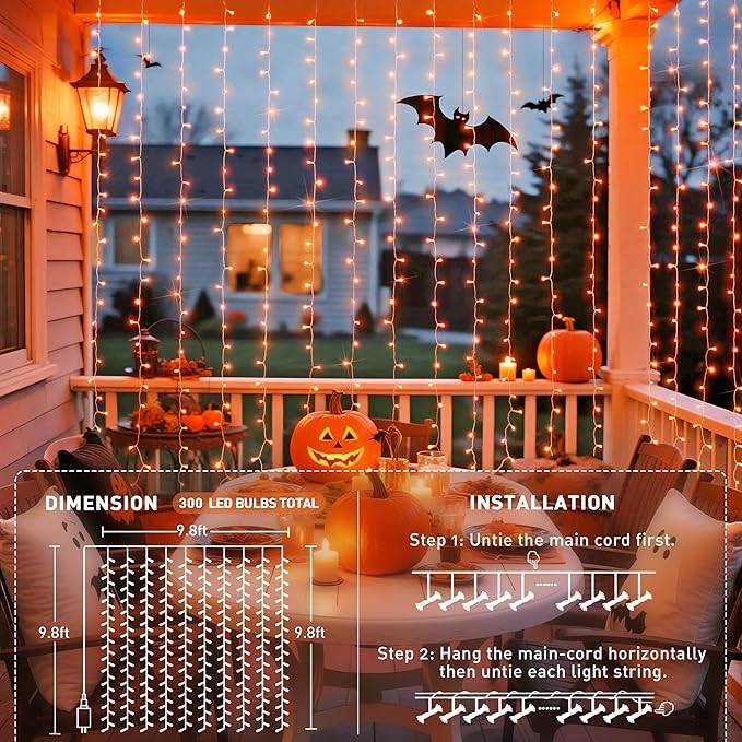JMEXSUSS 300LED Orange Halloween Lights with Remote, 9.8x9.8ft Halloween Curtain Light, 8 Modes Orange Hanging String Lights Plug in for Fall Bedroom Thanksgiving Window Party Indoor Outdoor Decor
