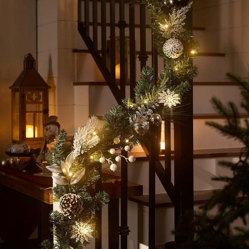 Valery Madelyn 9 Feet Pre-Lit Christmas Garland with Lights for Mantle, Lighted Outdoor Xmas Garland with Silvery White Ball Pinecones for Home Stairs Fireplace Table Centerpiece Indoor Holiday Decor