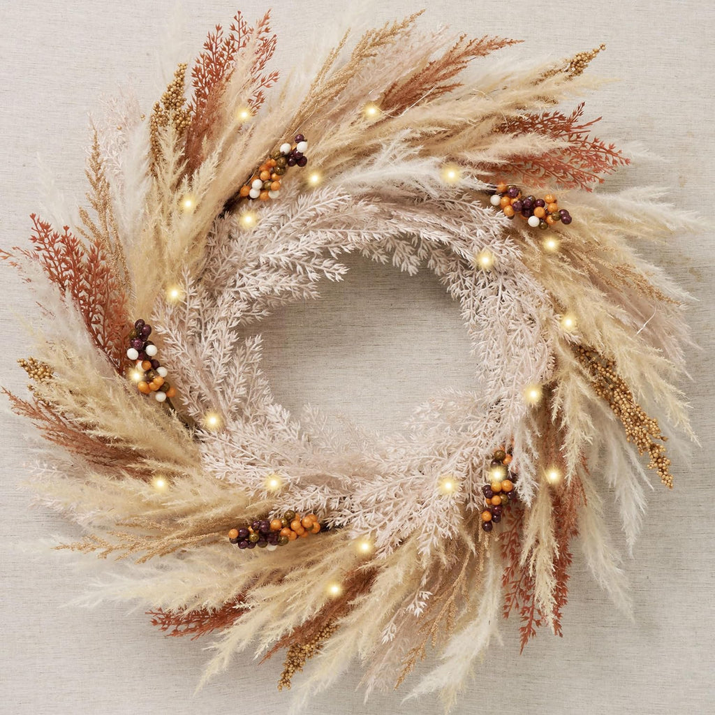 DecorbyHannah 24'' Neutral Fall Pampas Wreath with Lights for Front Door