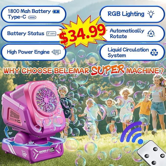 2025 Upgraded Bubble Machine with Remote Control, Automatic Rotation & RGB Lights, 1800mAh Rechargeable Battery, Type-C Charge, Bubble Maker for Kids, Weddings, Birthday Parties, Outdoor Activities