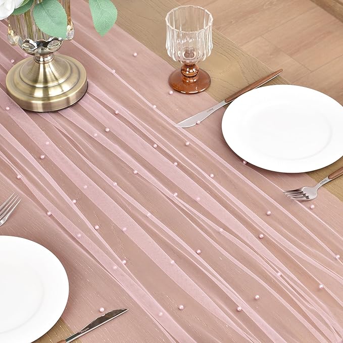 Joanlody Fall Pearl Table Runner 10ft Rustic Boho Tulle Table Runner with Pearls for Baby Shower Wedding Party Veil Dessert Thanksgiving Table Decor Dusty Rose 4pcs