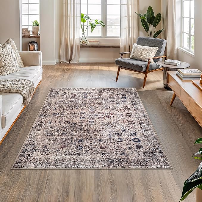 Bloom Rugs Washable Non-Slip 4' x 6' Rug - Light Tan/Blue Traditional Oriental Area Rug for Living Room, Bedroom, Dining Room, and Kitchen - Exact Size: 4' x 6'