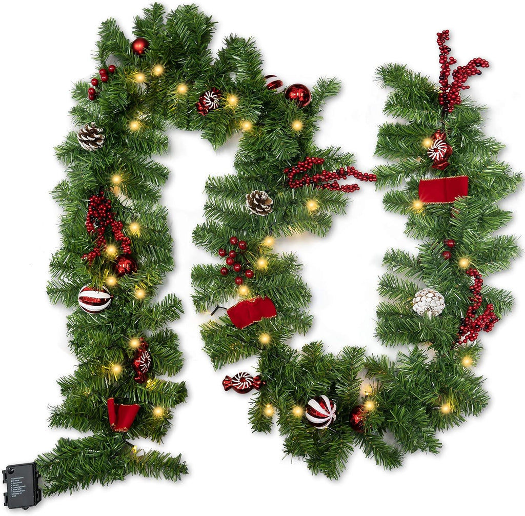 FUNPENY 9 FT Artificial Christmas Garland, Pre-Lit 50 LED Battery Operated Lighted Xmas Garland with 8 Modes for Indoor Holiday Door Home Decorations (Red)
