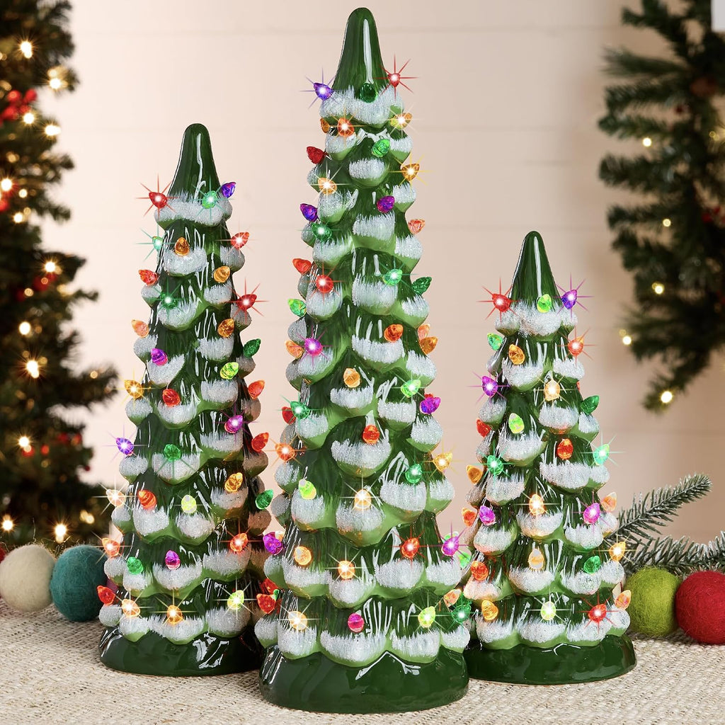 Best Choice Products Set of 3 XL Ceramic Christmas Trees, Pre-Lit Hand-Painted Tabletop Holiday Décor w/Multicolor Bulbs, LED Lights – Frosted Green