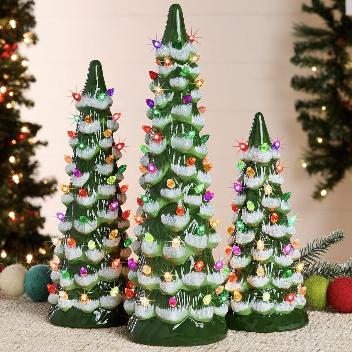 Best Choice Products Set of 3 XL Ceramic Christmas Trees, Pre-Lit Hand-Painted Tabletop Holiday Décor w/Multicolor Bulbs, LED Lights – Frosted Green