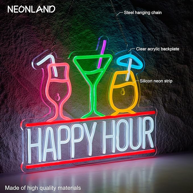 Happy Hour Neon Sign for Wall Decor Beer Bar Signs, USB Powered Dimmable LED Art Lights for Bar Pub Man Cave Party Club