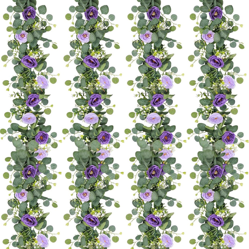 TOCHGREEN 4 Pack Artificial Eucalyptus Flower Garland with Purple Roses