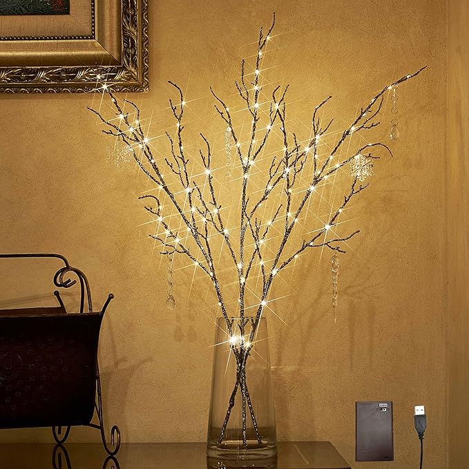 Hairui Lighted Willow Branches Silver Glittered 32IN 120 LED Fairy Lights with Timer, Twig Branch with Lights Battery Operated or USB Plug in for Home Fireplace Room Christmas Holiday Decoration