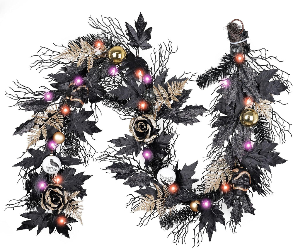 DecorbyHannah 6ft Halloween Garland for Mantle with Lights Black Rose Decor