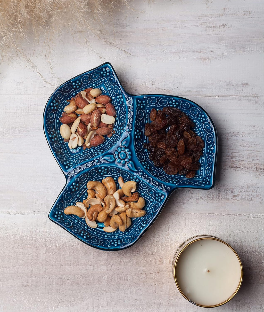 Leaf Ceramic Appetizer Plate, 3-Compartment Snack Tray, Blue Serving Tray