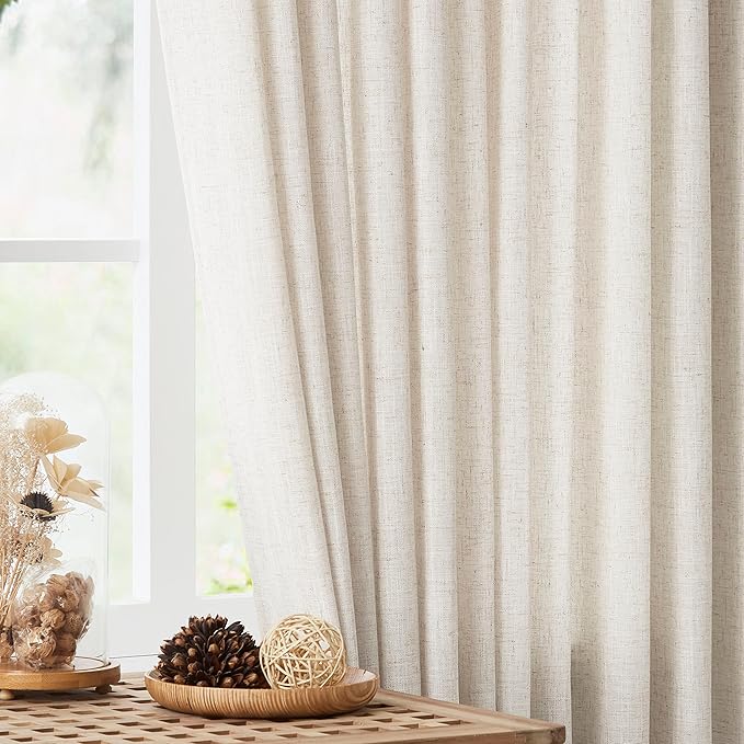 Vision Home Natural Pinch Pleated Semi Sheer Curtains Textured Linen Blended Light Filtering Window Curtains 90 inch for Living Room Bedroom Pinch Pleat Drapes with Hooks 2 Panels 42" Wx90 L