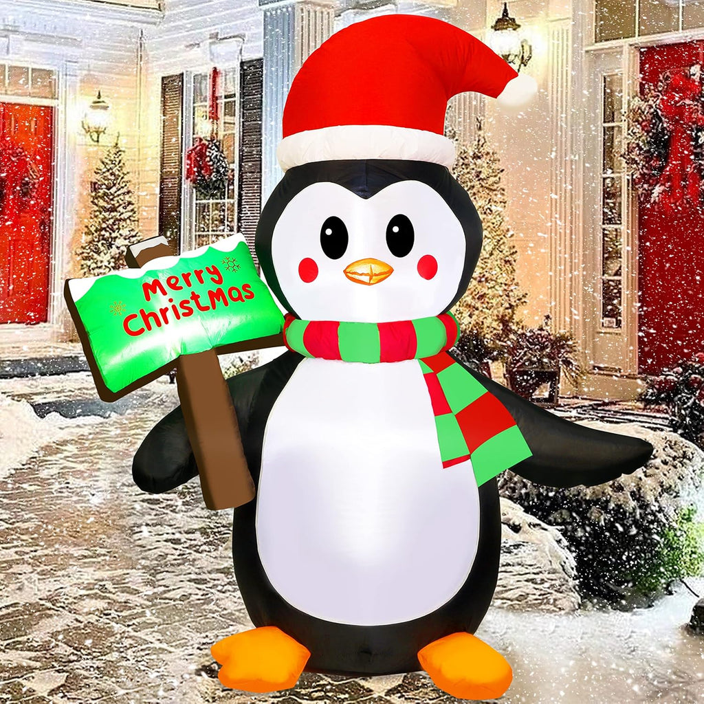 ATDAWN 5ft Christmas Inflatables Blow Up Yard Decorations, Inflatable Penguin Outdoor Decoration with Merry Christmas Sign