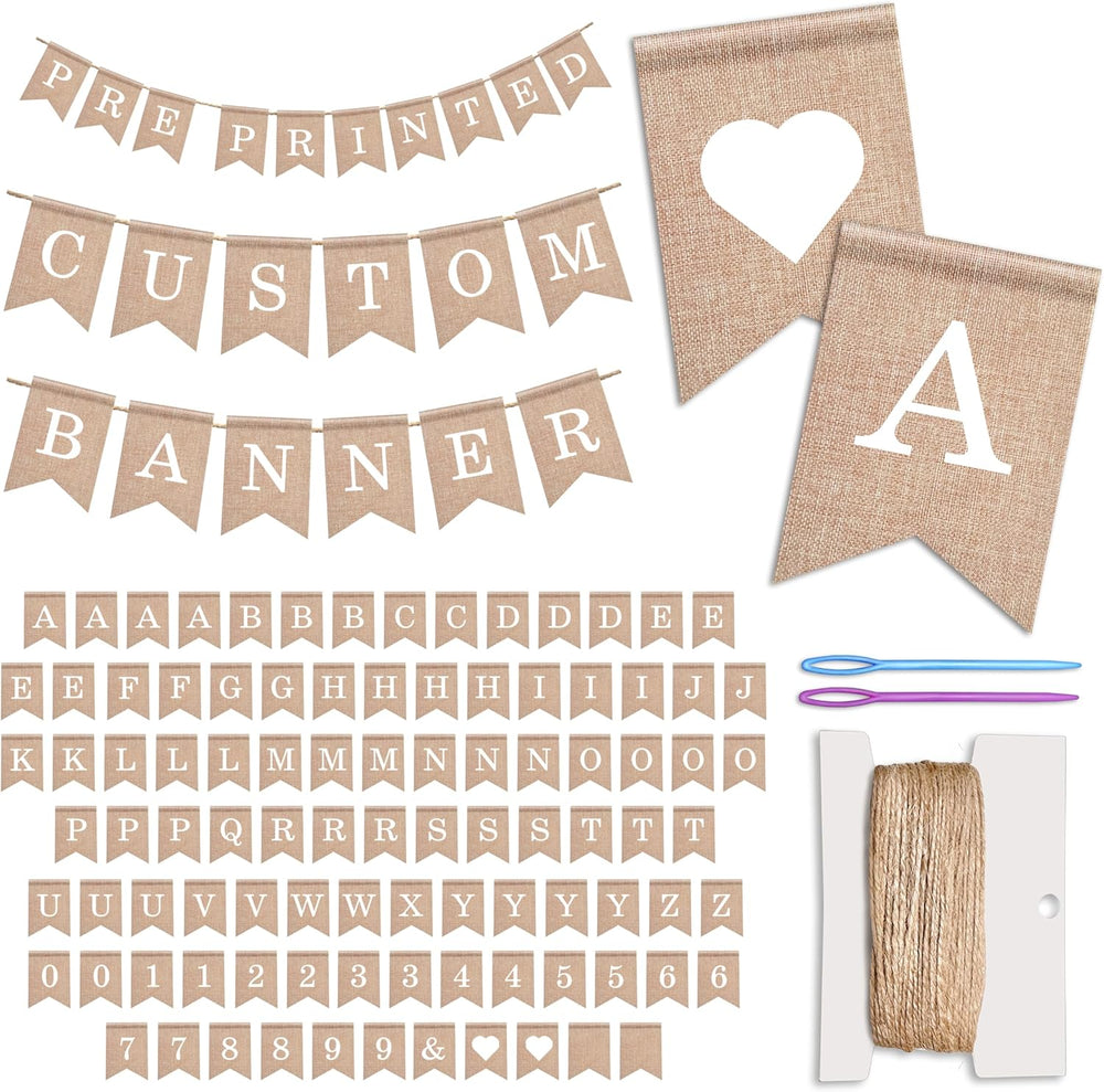 Pre-Printed Banner Kit – 97 BURLAP Flags with WHITE Letters, Numbers & Sy...