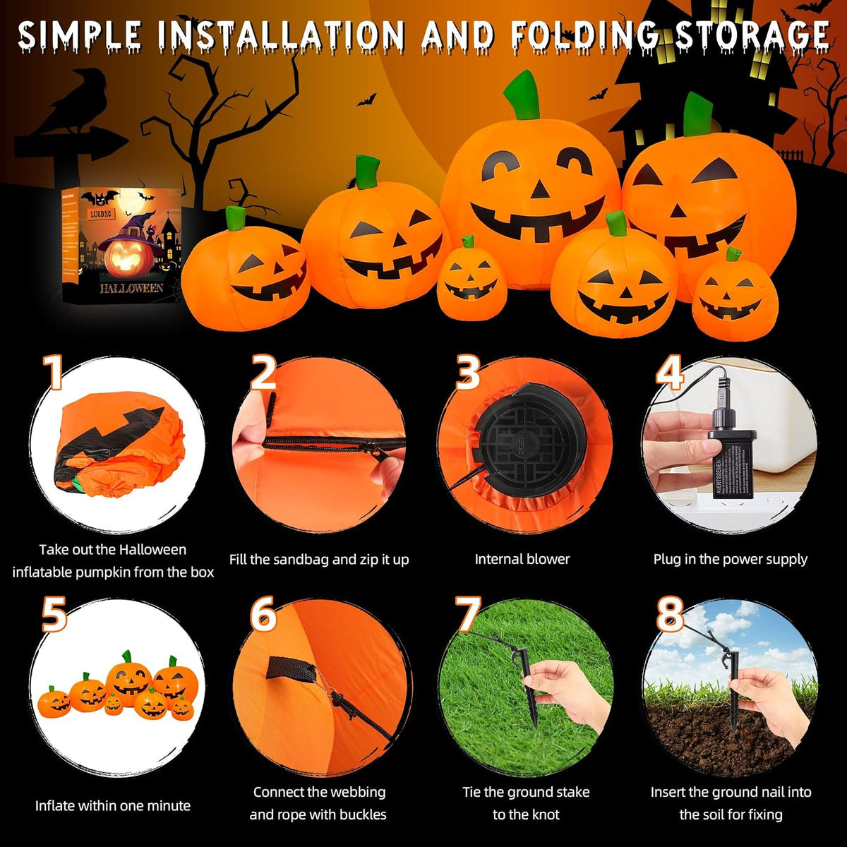 halloween decorations outdoor 7.5 ft inflatables pumpkins with, close-up detail