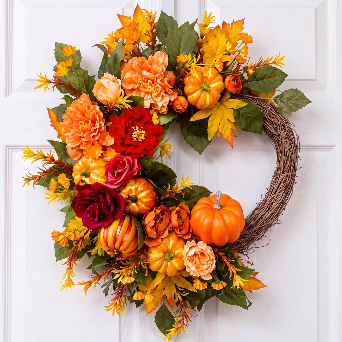 Suncalla Fall Wreath for Front Door 20" Autumn Pumpkin Maple Leaves