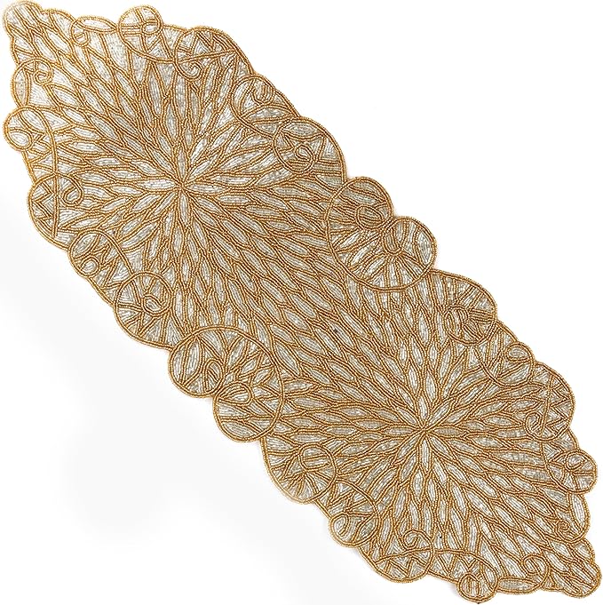 Metallic Bead Table Runner 13x36 Inches - Glass Beaded & Polyester Handcrafted Nautical Decor for Weddings, Christmas & Home Gatherings - Stain Resistant Dining Décor Accent (Gold) - CLEENTABLE