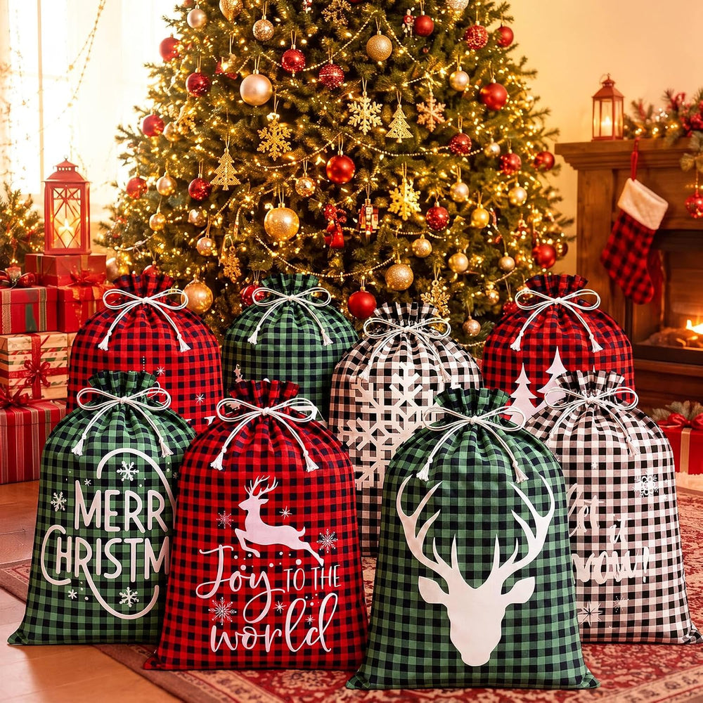 Windyun 16 Pcs Christmas Drawstring Bag Santa Sack Bag Buffalo Plaid 12x16