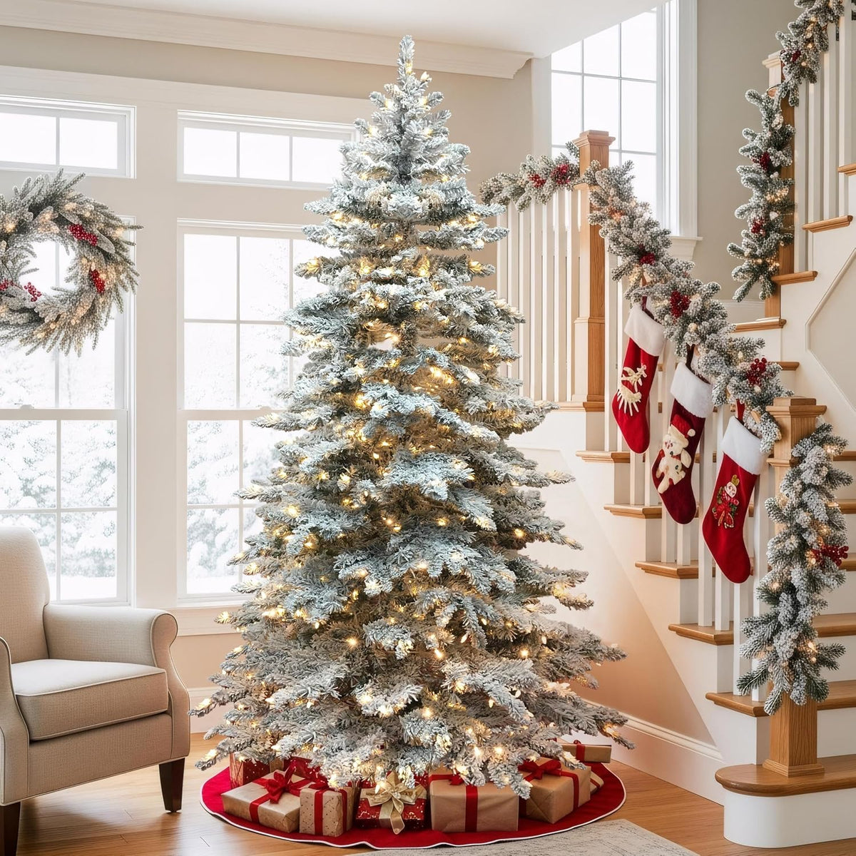Yaheetech 6ft Pre-Lit Artificial Christmas Tree with 400 Warm White LED Lights & 940 PVC Tips,Hinged Snow Flocked Xmas Tree with Foldable Stand & Protective Foot Caps,Green & White