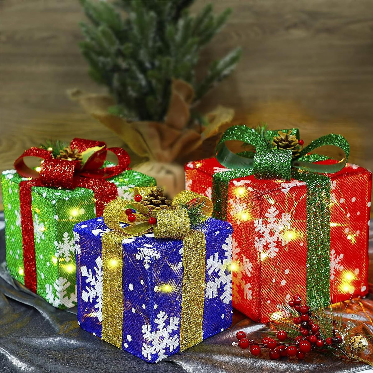 atdawn set of 3 lighted gift boxes christmas on a desk or shelf