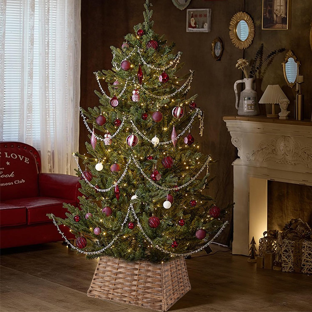 Blissun Christmas Tree Collar, Plastic Rattan Xmas Tree Ring, Farmhouse Christmas Tree Collar, Christmas Tree Skirt for Artificial Christmas Trees Decoration, Brown