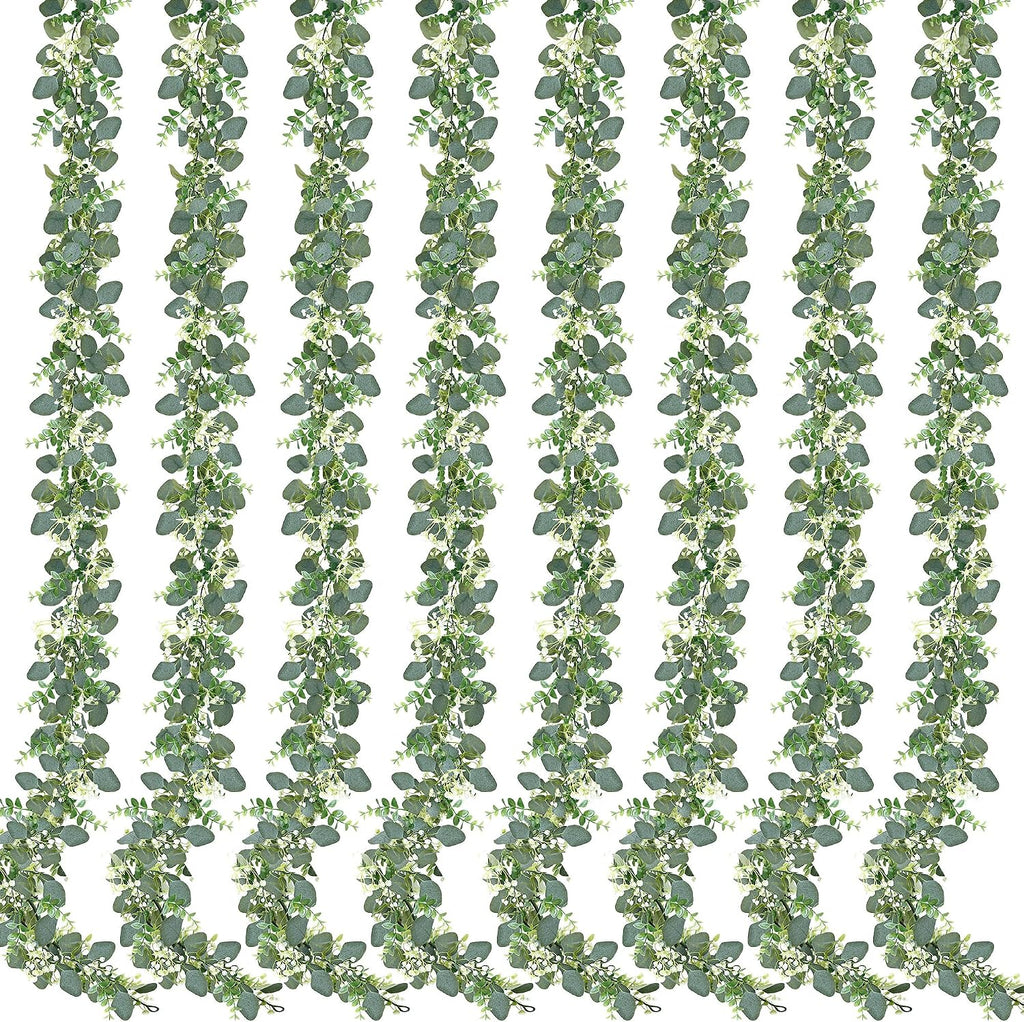 Sggvecsy 8 Pack Artificial Eucalyptus Garland Eucalyptus Leaves Vines Greenery Garland Faux Silver Dollar Eucalyptus Leaves for Table Party Wedding Indoor Outdoor Home Mantle Wall Decor