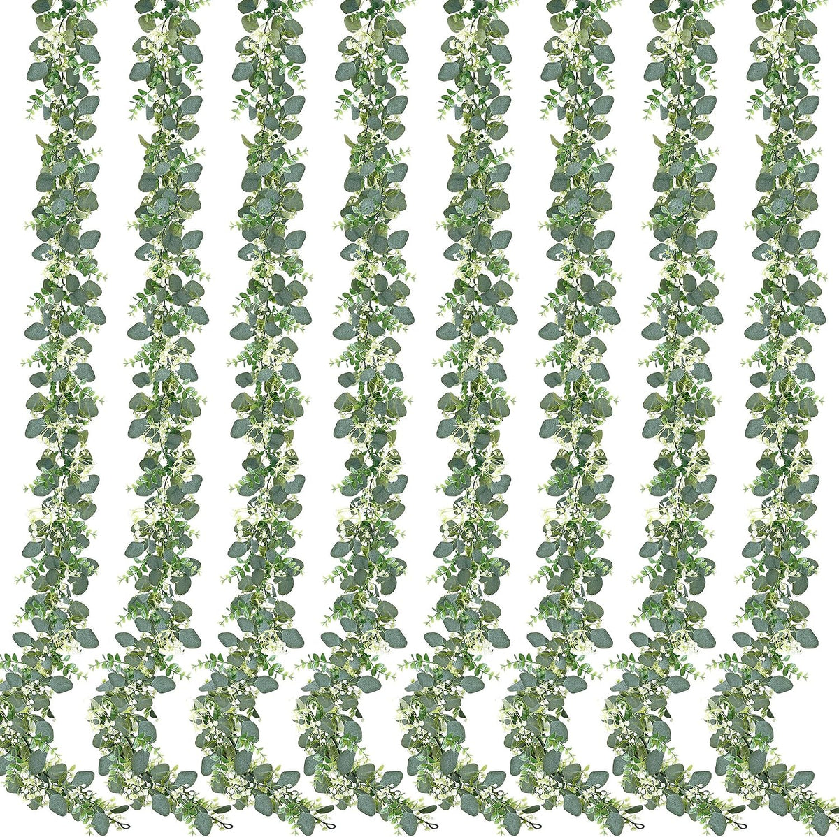 Sggvecsy 8 Pack Artificial Eucalyptus Garland Eucalyptus Leaves Vines Greenery Garland Faux Silver Dollar Eucalyptus Leaves for Table Party Wedding Indoor Outdoor Home Mantle Wall Decor
