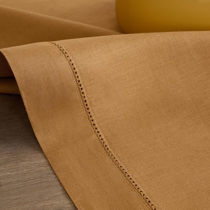 Solino Home Linen Brown Sugar Table Runner 108 Inches Long - 100% Pure Linen 14 x 108 Inch Table Runner for Fall, Autumn, Thanksgiving - Classic Hemstitch