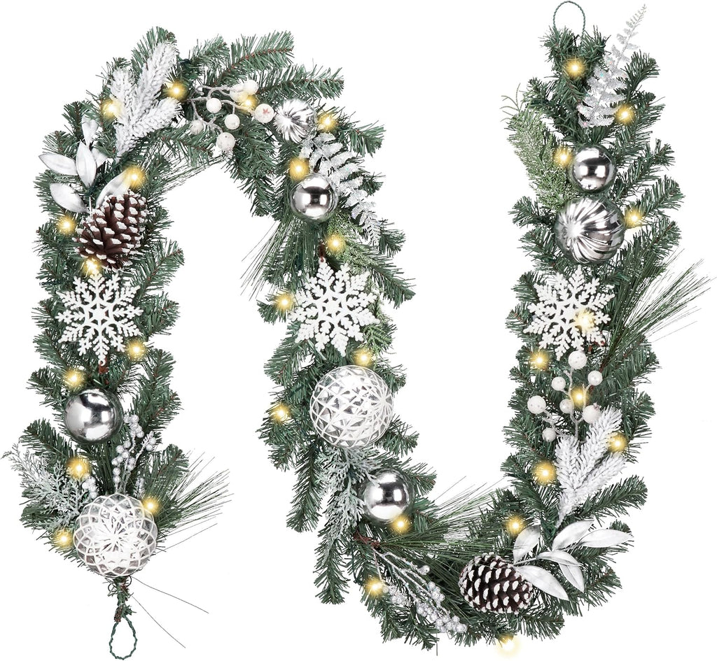 Valery Madelyn 9 Feet Pre-Lit Christmas Garland with Lights for Mantle, Lighted Outdoor Xmas Garland with Silvery White Ball Pinecones for Home Stairs Fireplace Table Centerpiece Indoor Holiday Decor