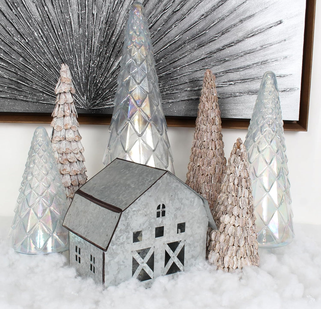 tabletop farmhouse decor, tin houses, christmas display barn, close-up detail