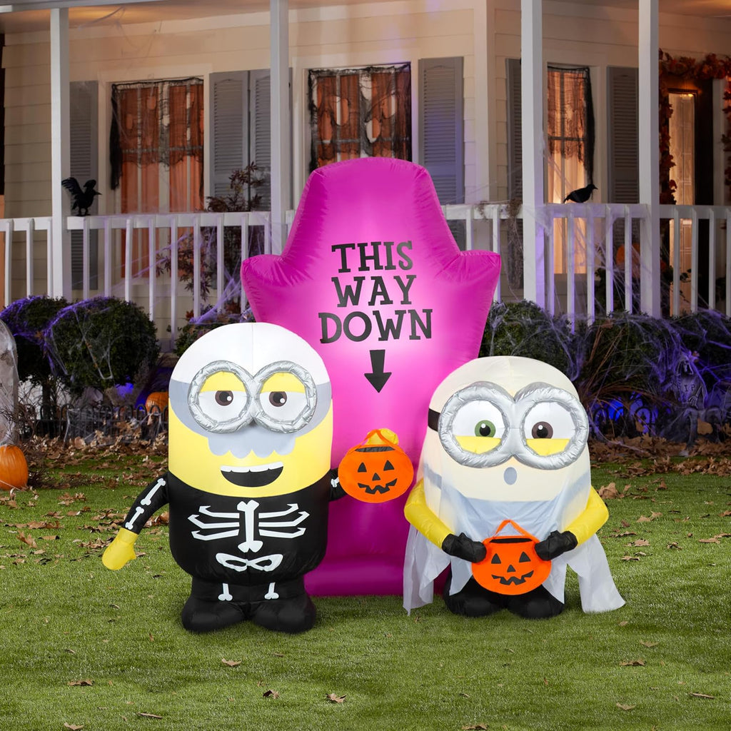 gemmy minions halloween inflatable scene, 5 ft tall shown in use