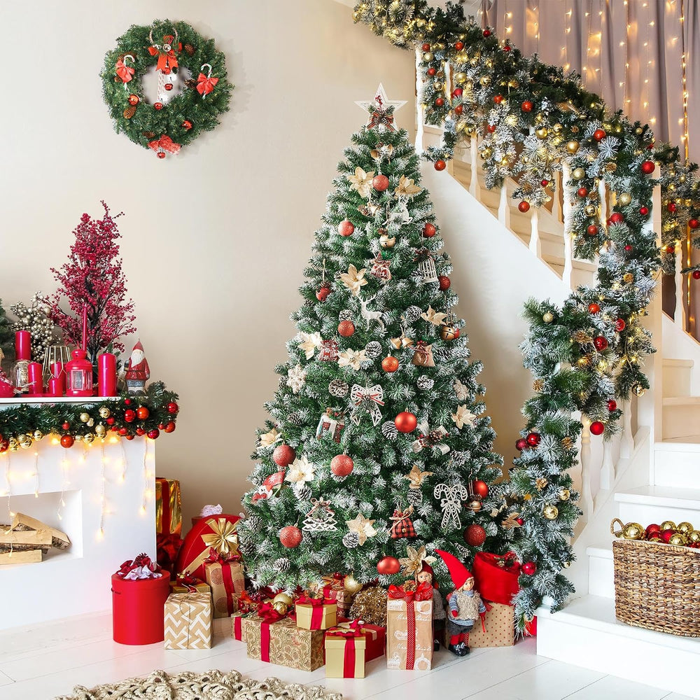 Yaheetech 6ft Pre-lit Christmas Tree, Snow Flocked Artificial Christmas Tree ...