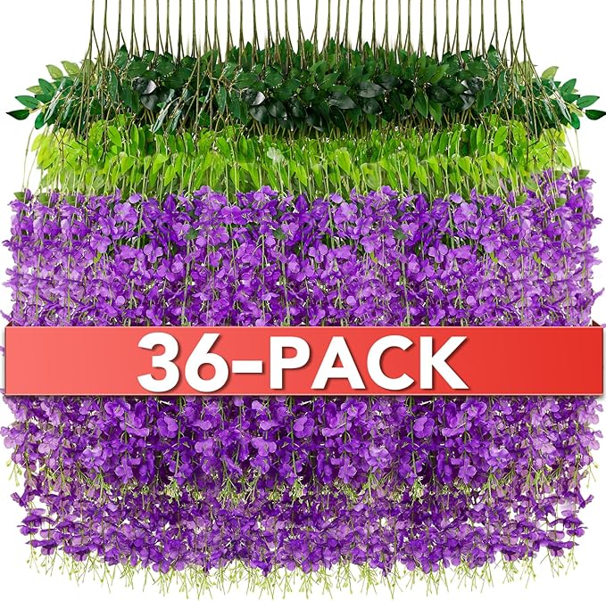 Wisteria Hanging Flowers,Fake Hanging Flowers,Wisteria artificiales Garland for Home Wedding Arch Floral Party Garden Ceremony Outdoor Decor,3.6 feet Long(36,Purple) (36 Pack)