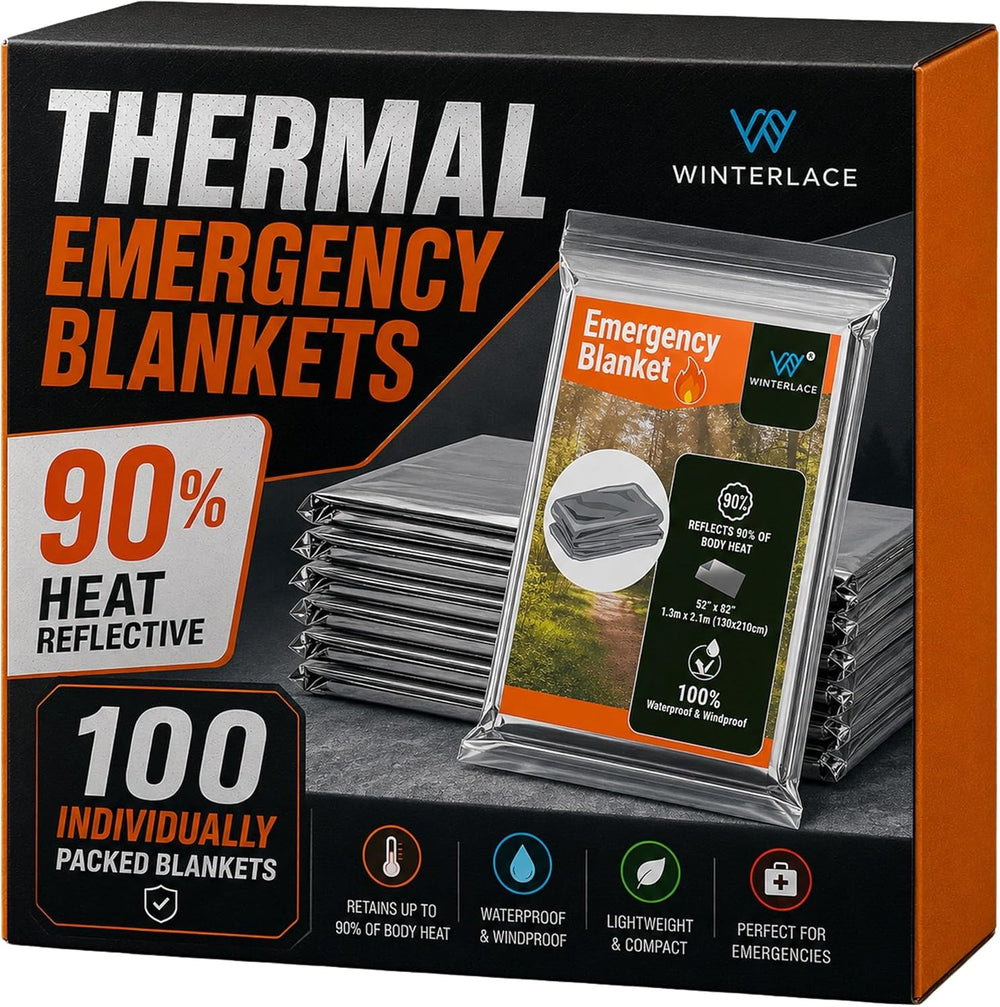 Winterlace Emergency Blankets 50-Pack (52” x 82”) Thermal Mylar Survival Resc...
