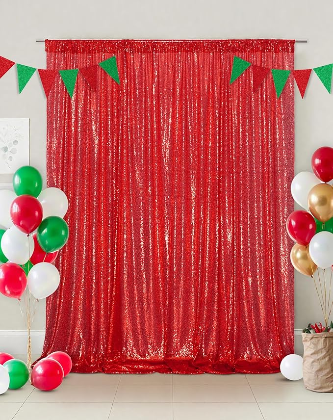 Eternal Beauty Red Sequin Backdrop, 8x10 Ft Glitter Background Curtains for Christmas Shimmer Photography Party Wedding Birthday Back Drop Decor