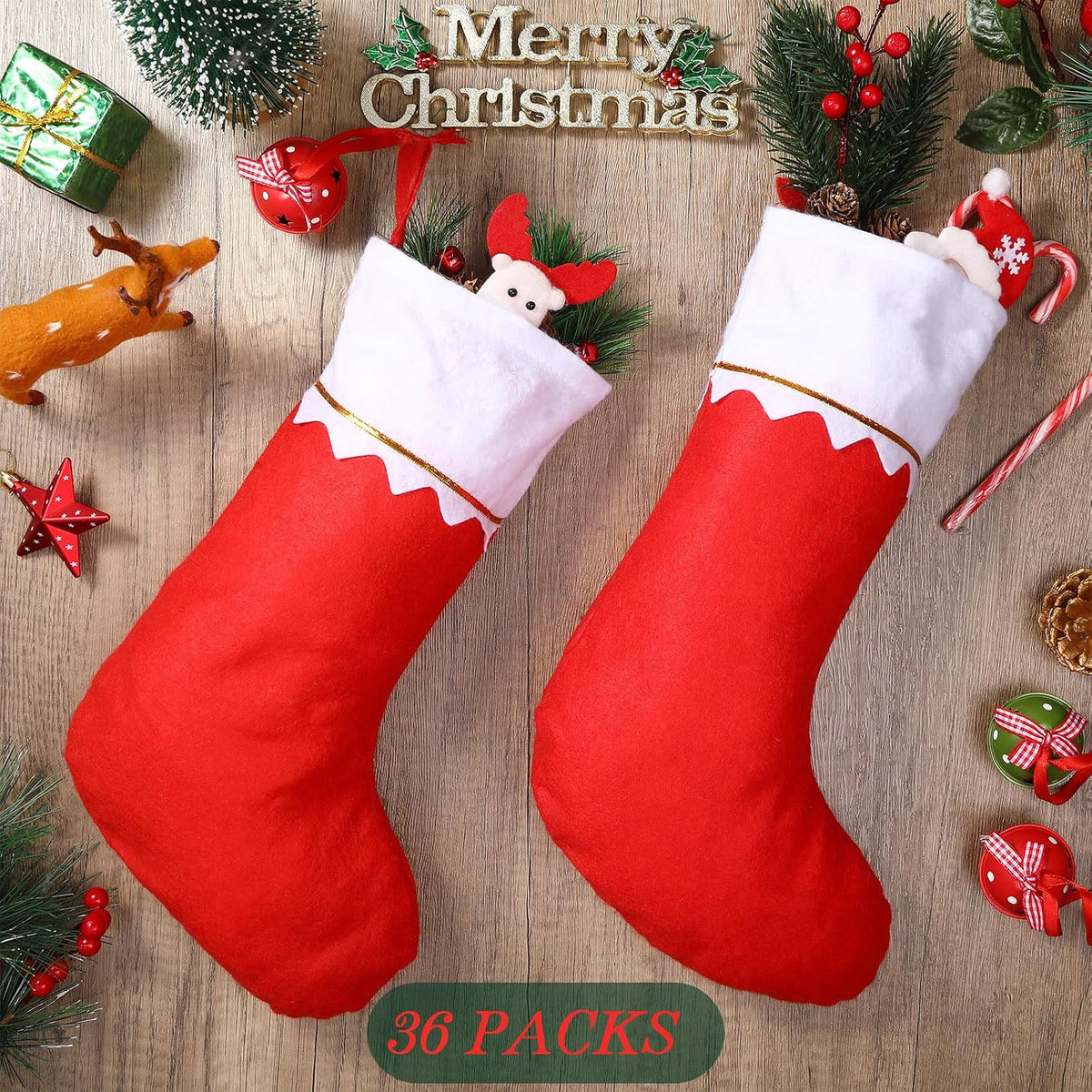 Zubebe 36 Pcs 15 Inch Felt Christmas Stockings Stockings Xmas Decoration Stockings Rustic Christmas Santa Stockings for Christmas Party Favors Home Decor (Red)
