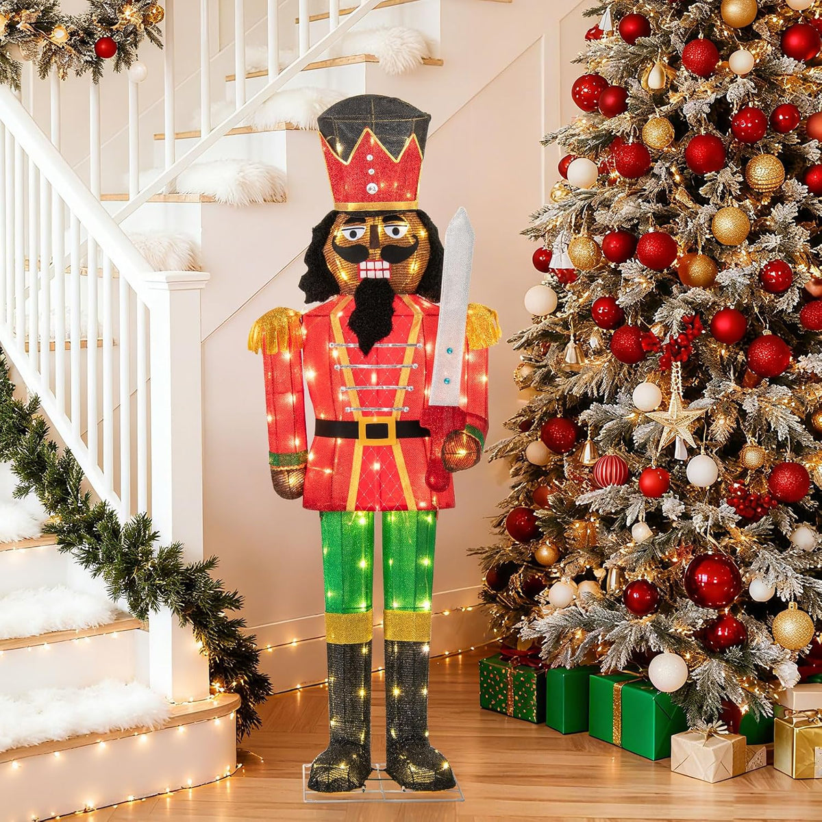 Tangkula 5 FT Lighted Christmas Nutcracker with Glitter Sword, 3D Soldier