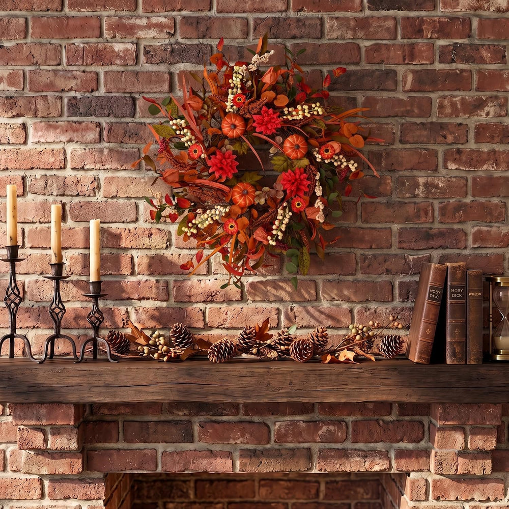 24 Inch Pumpkin Fall Wreath for Front Door with Berry & Mixed Leaves