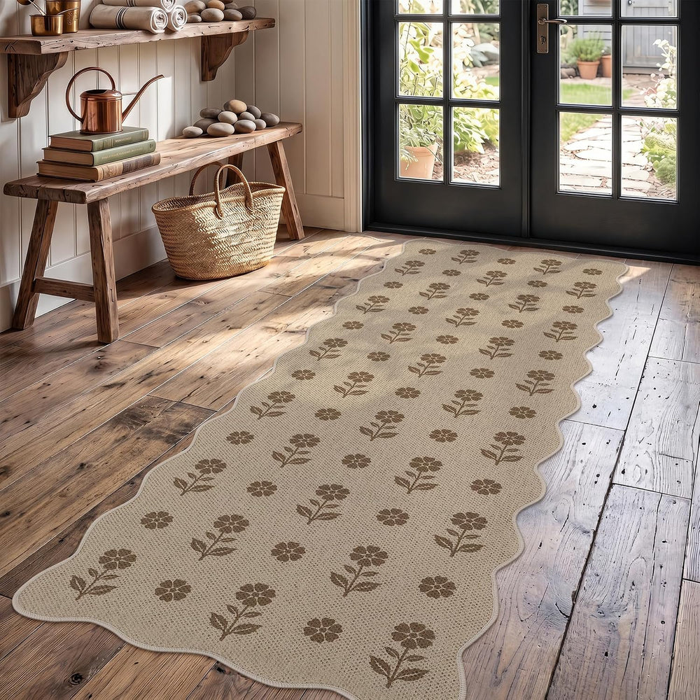 Tribesigns 2x6 Tan Scalloped Easy Jute Hallway Runner Rug for Kitchen