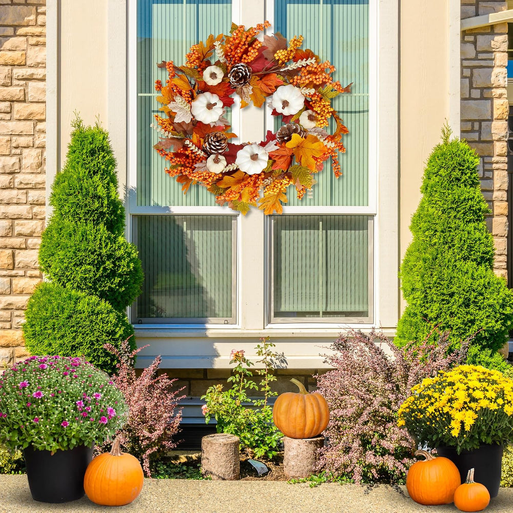 Sggvecsy Fall Wreath 20’’ Autumn Front Door Wreath Harvest Wreath with White ...