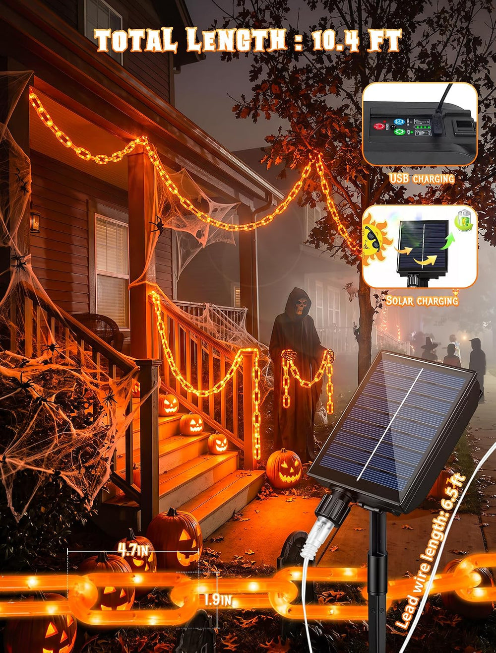 Solar Halloween Chain Lights, 10.4 FT 175 LED Orange Plastic Chain