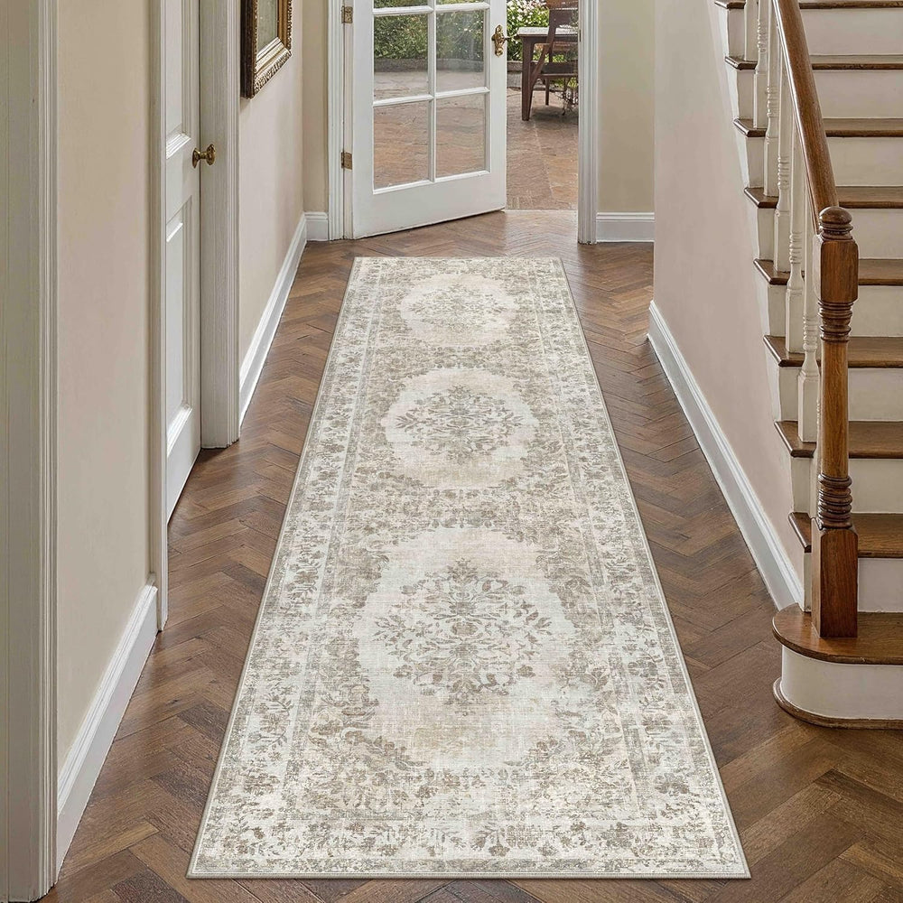2.6x14 Washable Runner Rug Hallway Cream Beige Vintage Carpet