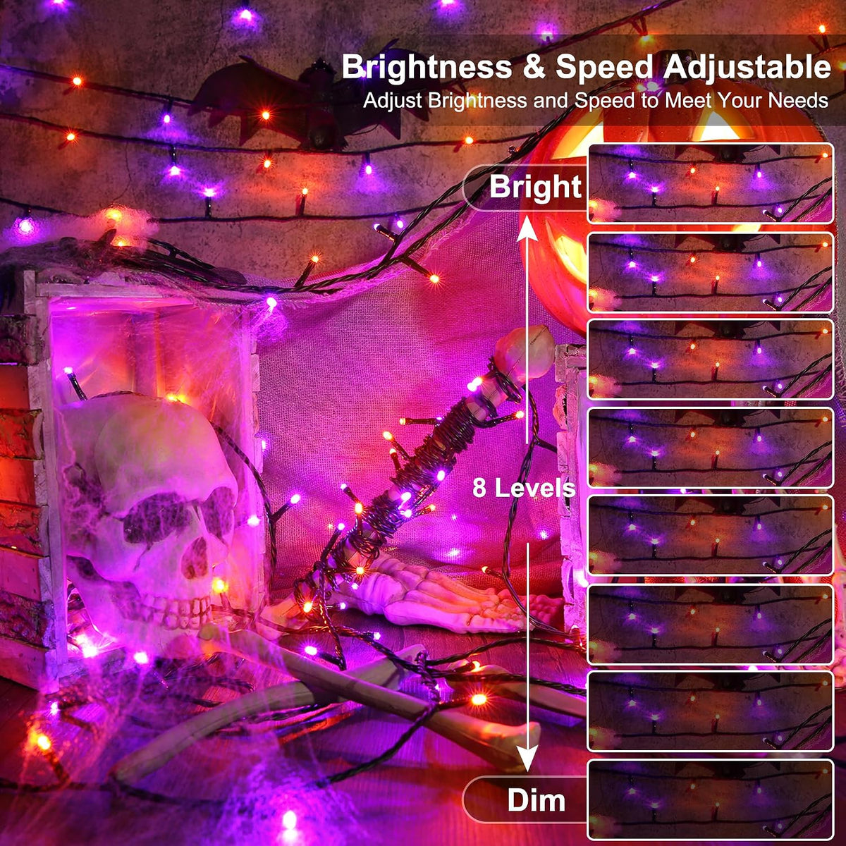 odeetronic 66ft 200 led halloween string lights color, close-up detail