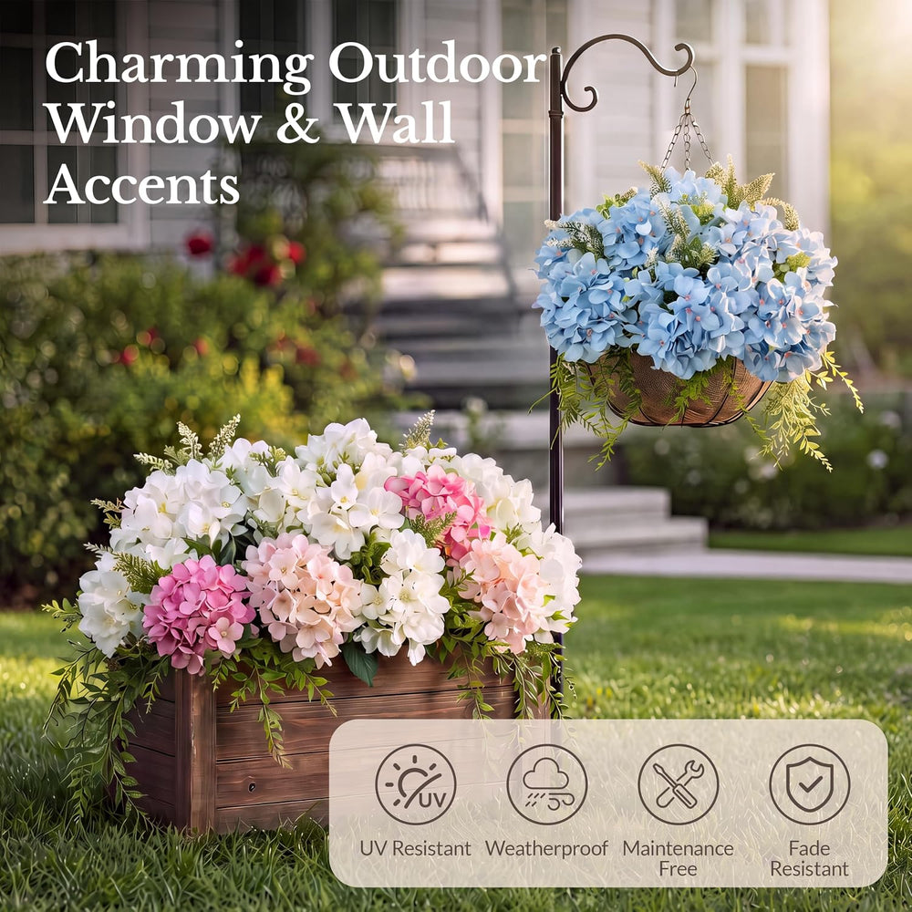 Pre-Arranged White Hydrangea Artificial Flowers with Greenery, UV Resistant