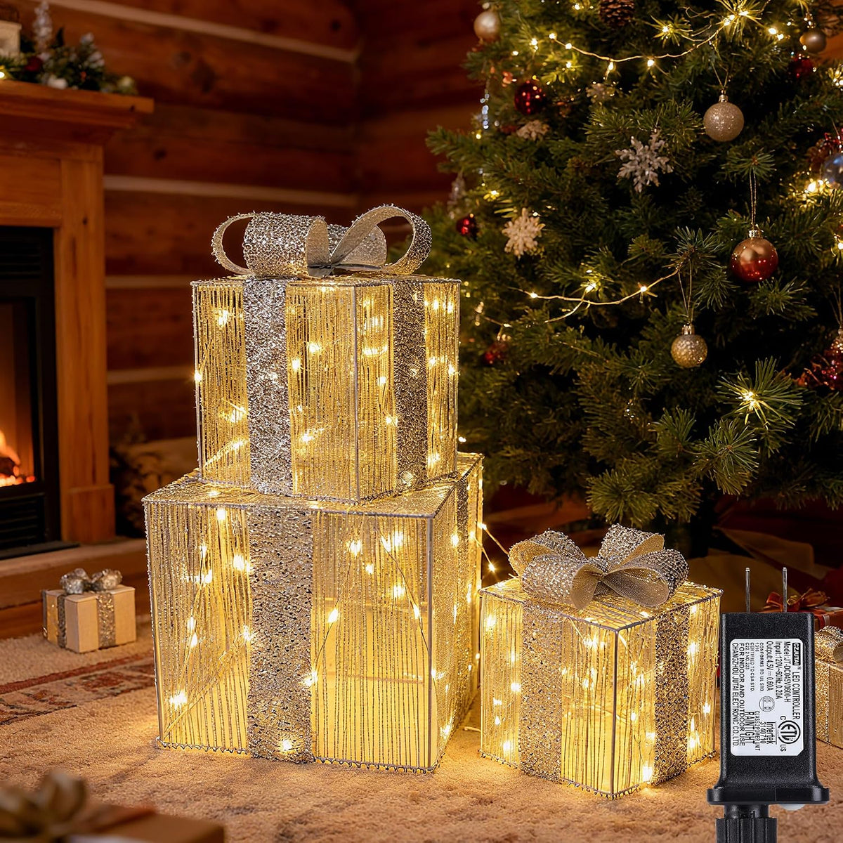 Set of 3 Christmas Lighted Gift Boxes - Silver 140 LEDs Outdoor Decoration