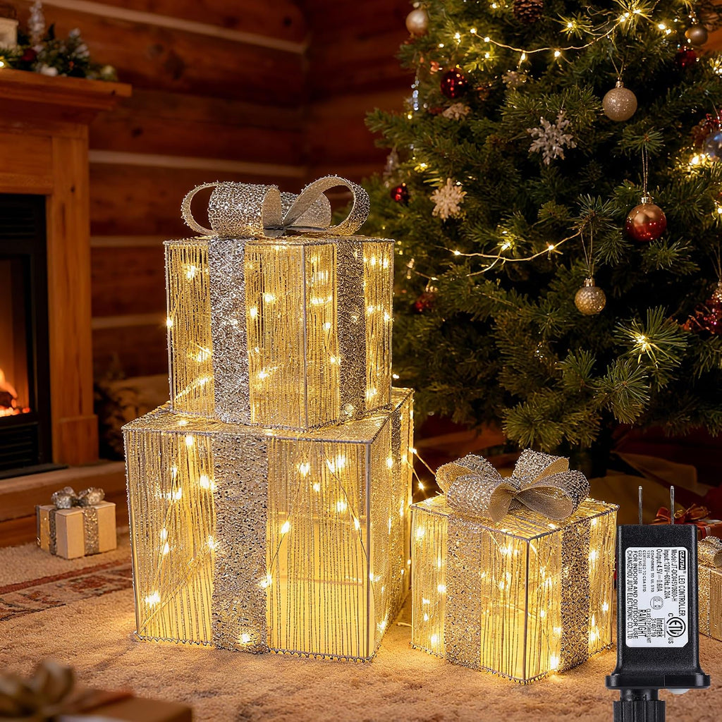 set of 3 christmas lighted gift boxes shown in use