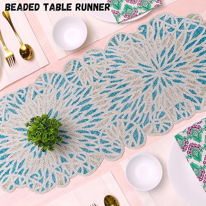 Handcrafted Beaded Table Runner – Elegant, Stain-Resistant Glass Bead & Polyester Glitz Accent for Farmhouse, Wedding, Bridal Shower, Dinner Table & Holiday Decor (Sky Blue White) - CLEENTABLE
