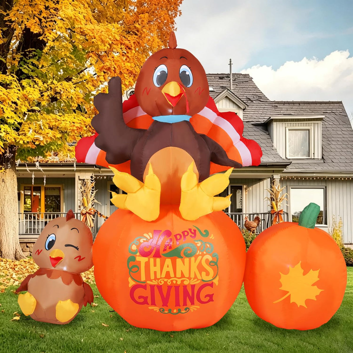 6.2FT Thanksgiving Inflatables Outdoor Decorations Turkey Sits on Pumpkin