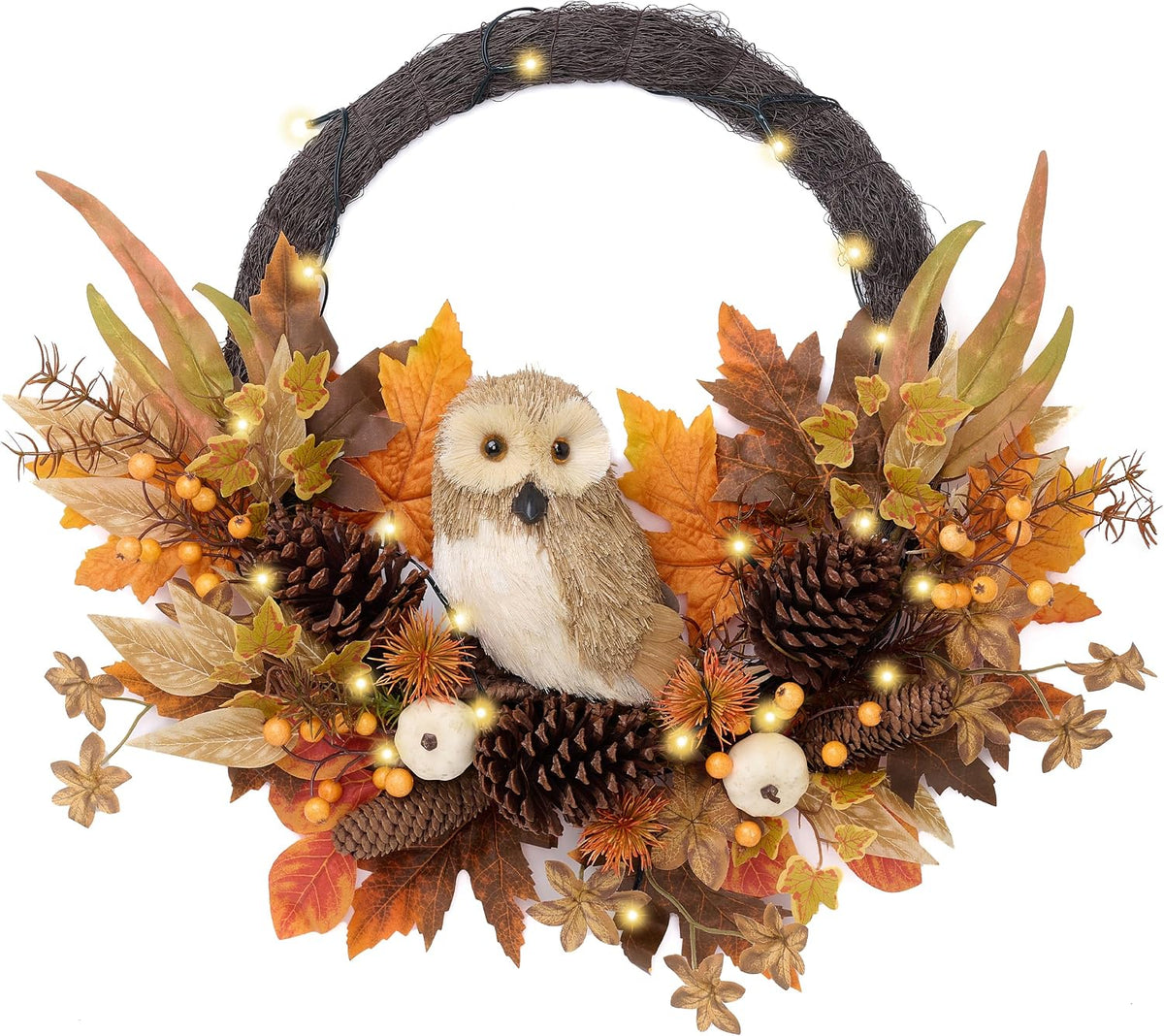 Valery Madelyn 24'' Collapsible Fall Wreath for Front Door with Owl Pumpkin