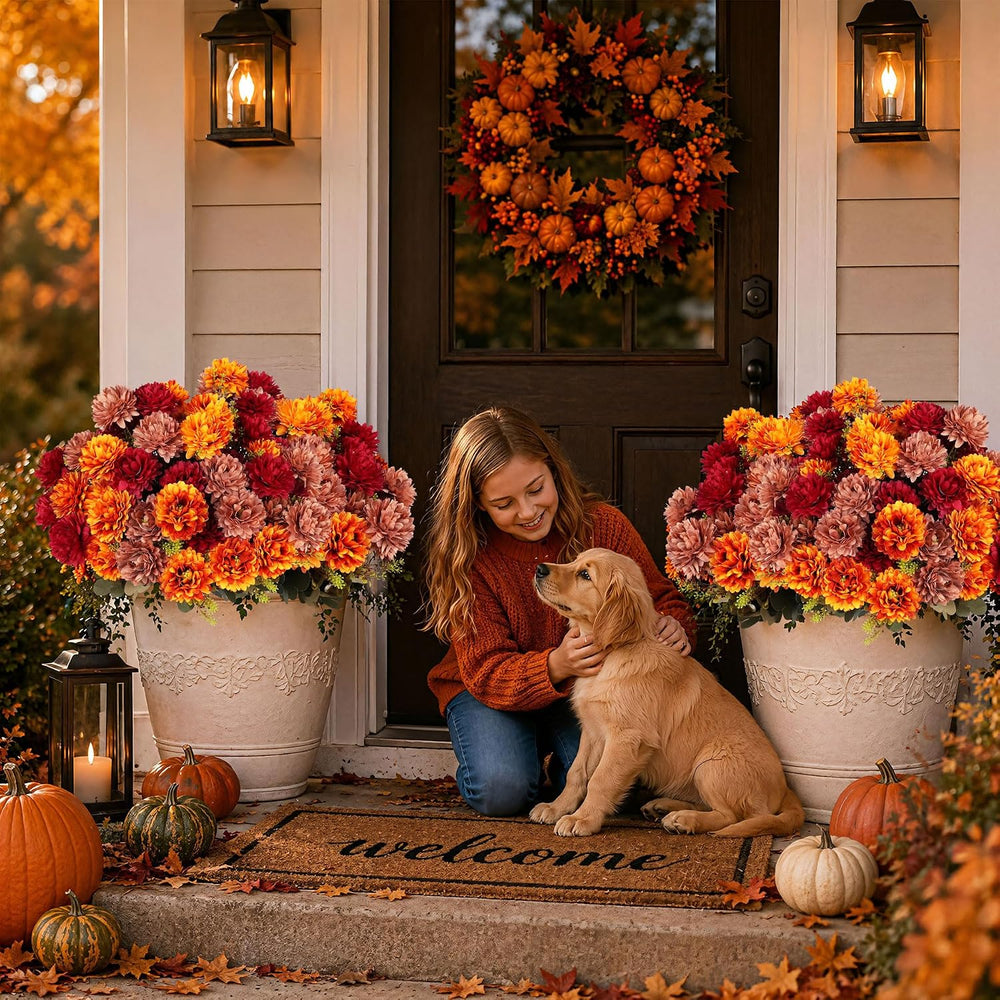 12 Pcs Fall Artificial Mums Flowers, Orange Burgundy Brown Faux Mums Bouquet ...